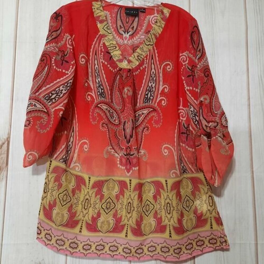Tribal Womens Red Paisley V-Neck Roll Tab Sleeve‎ Boho Tunic Blouse Small